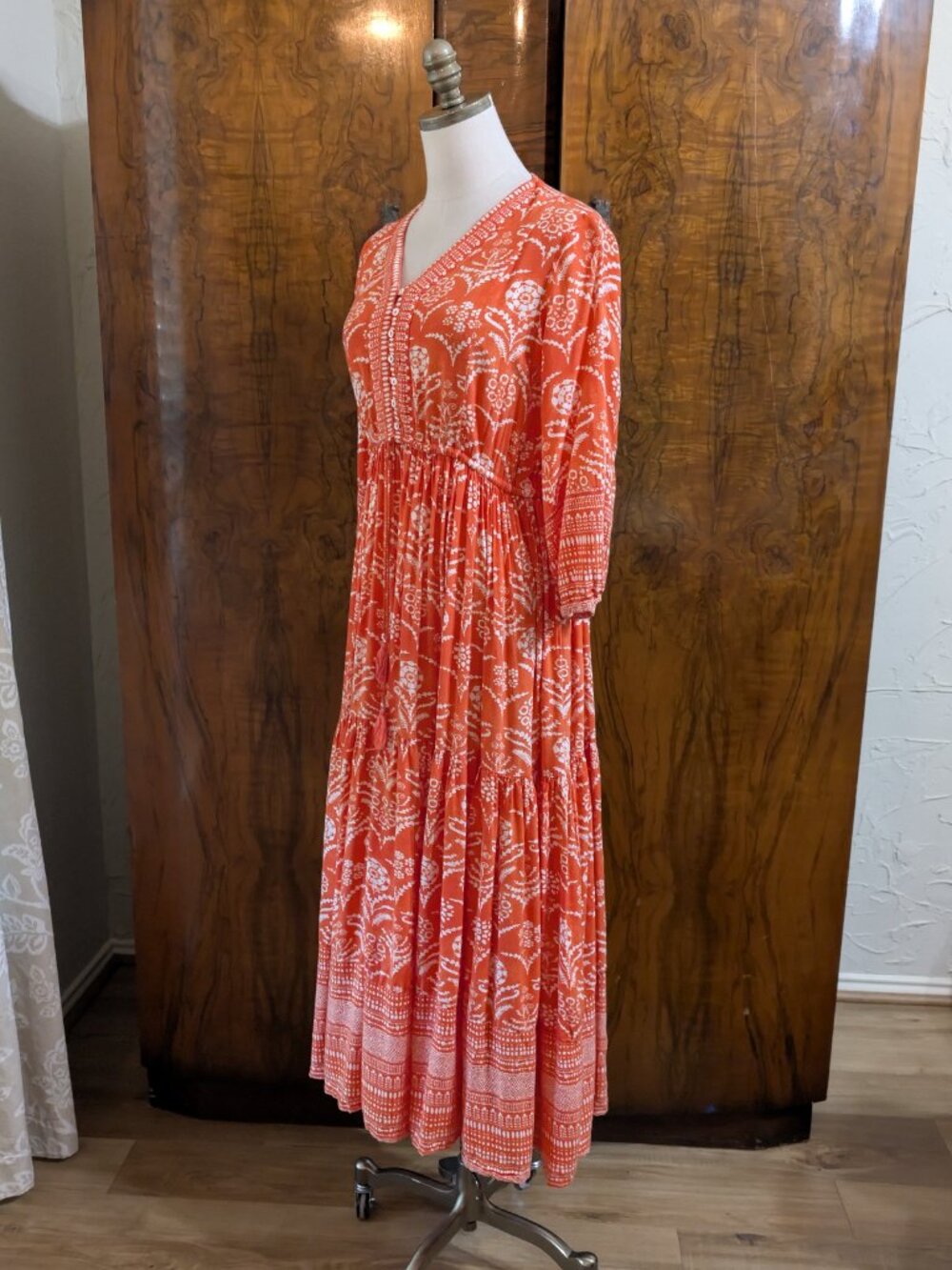 BIBA Orange Boho Floral Block Print Tiered Maxi Prairie Dress Size 2 /EU 34 - Picture 5 of 8